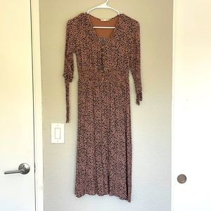 Reborn Brown Dotted Midi Dress with tied sleeves